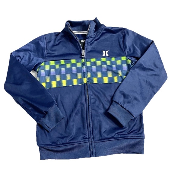 Hurley Kids Full Zip Track Jacket Size 7 Blue Green Checkered Logo Boys Athletic - Picture 1 of 5